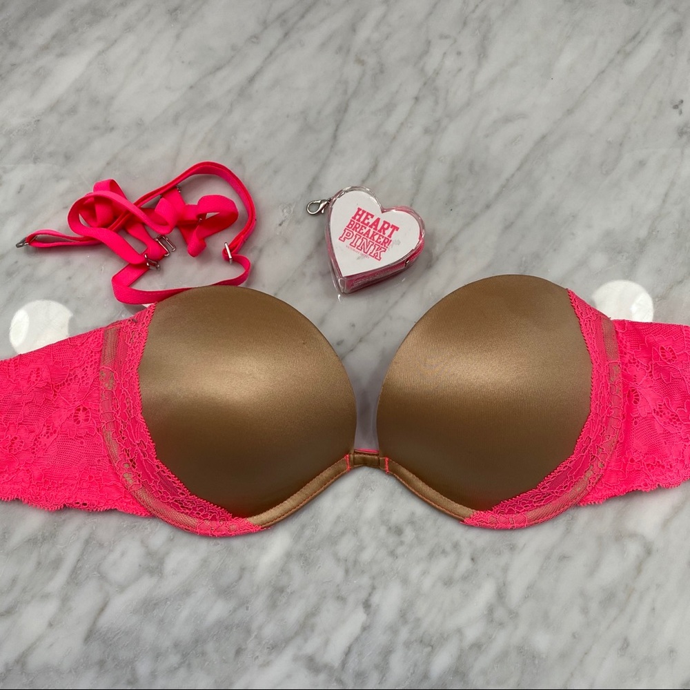 Strapless Nude and Bright Pink Lace Bra